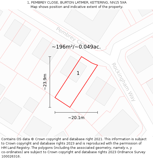 1, PEMBREY CLOSE, BURTON LATIMER, KETTERING, NN15 5XA: Plot and title map