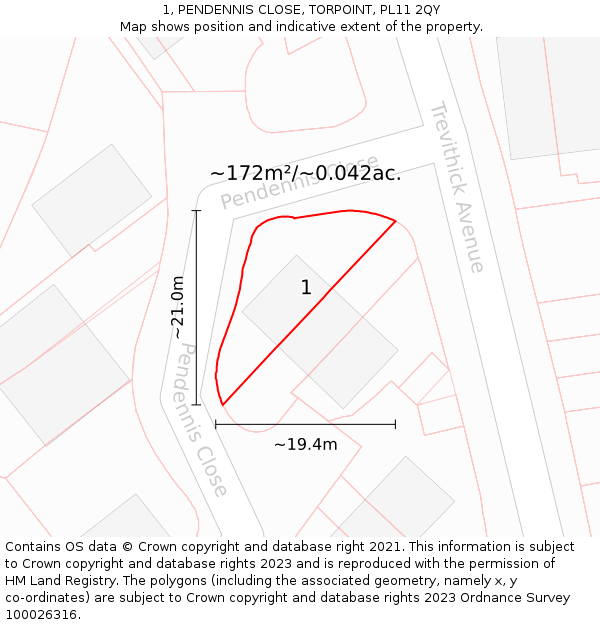 1, PENDENNIS CLOSE, TORPOINT, PL11 2QY: Plot and title map