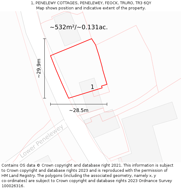 1, PENELEWY COTTAGES, PENELEWEY, FEOCK, TRURO, TR3 6QY: Plot and title map