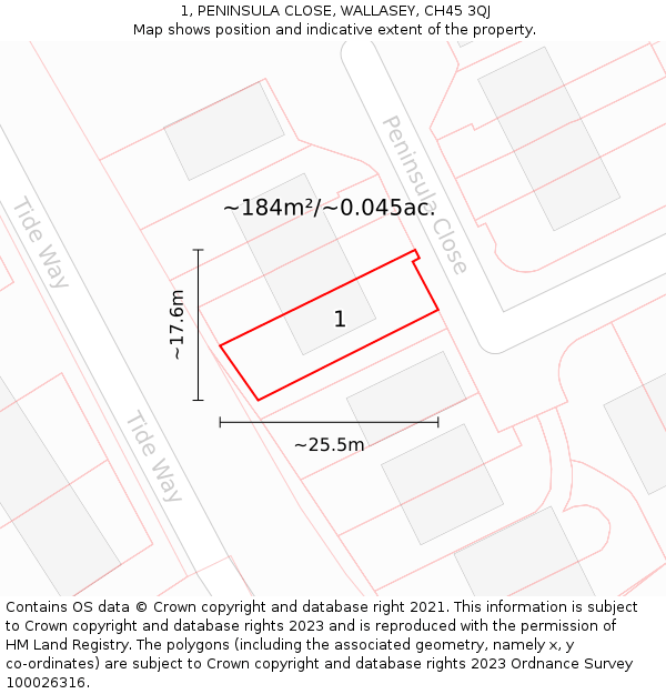 1, PENINSULA CLOSE, WALLASEY, CH45 3QJ: Plot and title map