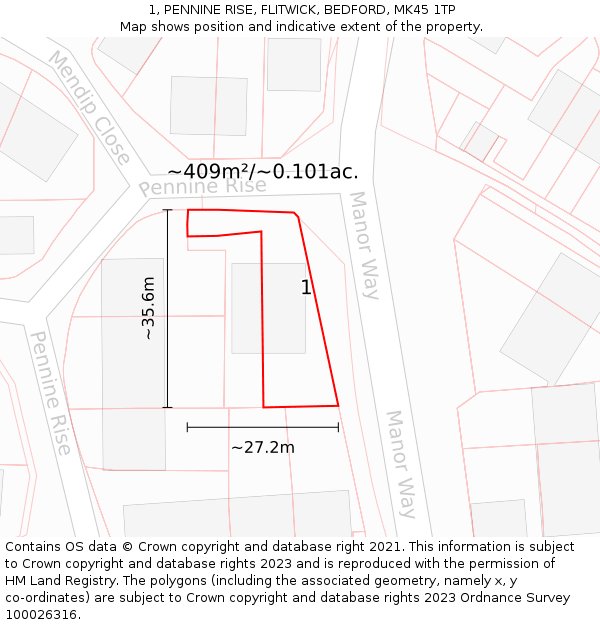 1, PENNINE RISE, FLITWICK, BEDFORD, MK45 1TP: Plot and title map