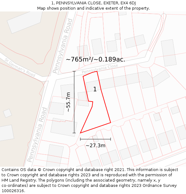 1, PENNSYLVANIA CLOSE, EXETER, EX4 6DJ: Plot and title map