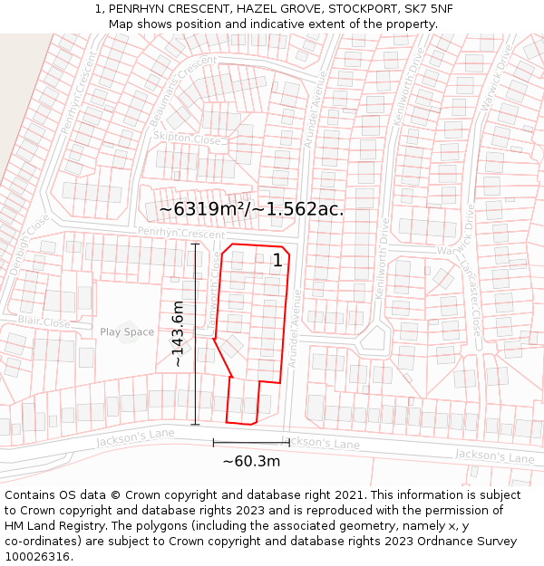 1, PENRHYN CRESCENT, HAZEL GROVE, STOCKPORT, SK7 5NF: Plot and title map