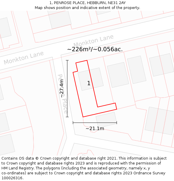 1, PENROSE PLACE, HEBBURN, NE31 2AY: Plot and title map