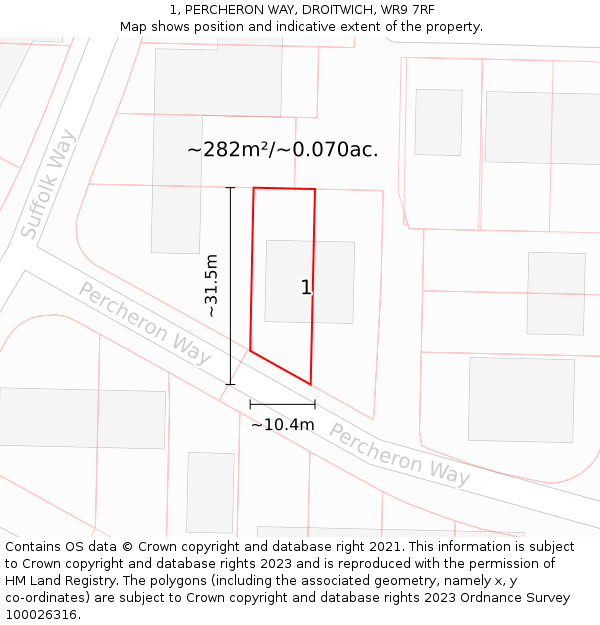 1, PERCHERON WAY, DROITWICH, WR9 7RF: Plot and title map