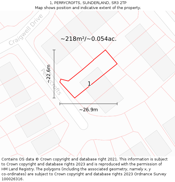 1, PERRYCROFTS, SUNDERLAND, SR3 2TP: Plot and title map