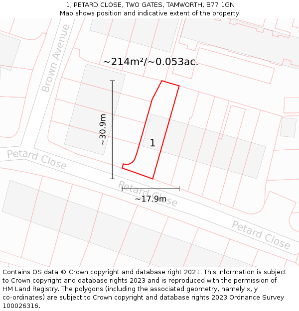 1, PETARD CLOSE, TWO GATES, TAMWORTH, B77 1GN: Plot and title map