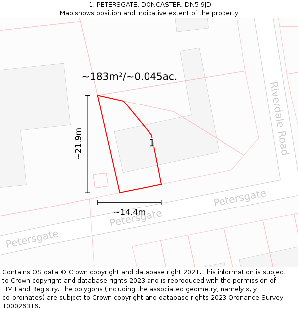 1, PETERSGATE, DONCASTER, DN5 9JD: Plot and title map