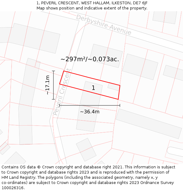 1, PEVERIL CRESCENT, WEST HALLAM, ILKESTON, DE7 6JF: Plot and title map