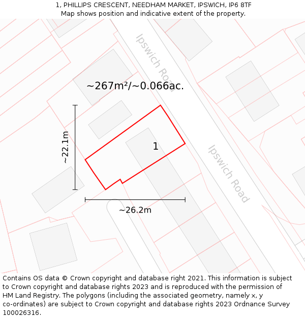 1, PHILLIPS CRESCENT, NEEDHAM MARKET, IPSWICH, IP6 8TF: Plot and title map