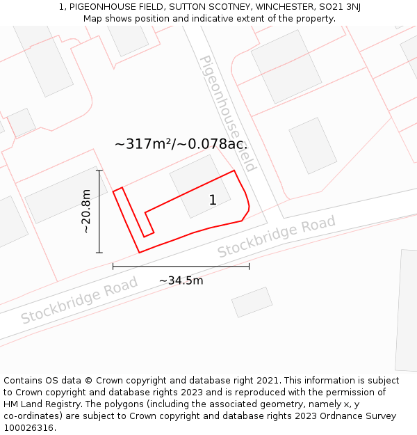 1, PIGEONHOUSE FIELD, SUTTON SCOTNEY, WINCHESTER, SO21 3NJ: Plot and title map