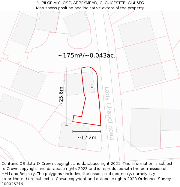 1, PILGRIM CLOSE, ABBEYMEAD, GLOUCESTER, GL4 5FG: Plot and title map