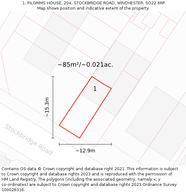 1, PILGRIMS HOUSE, 204, STOCKBRIDGE ROAD, WINCHESTER, SO22 6RP: Plot and title map