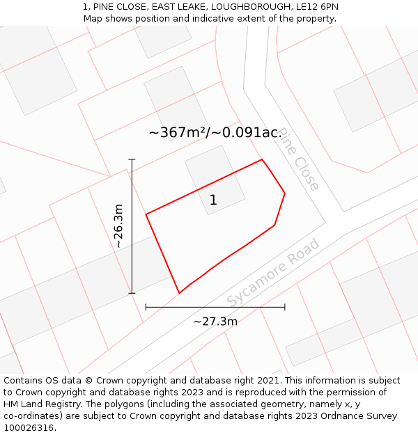 1, PINE CLOSE, EAST LEAKE, LOUGHBOROUGH, LE12 6PN: Plot and title map