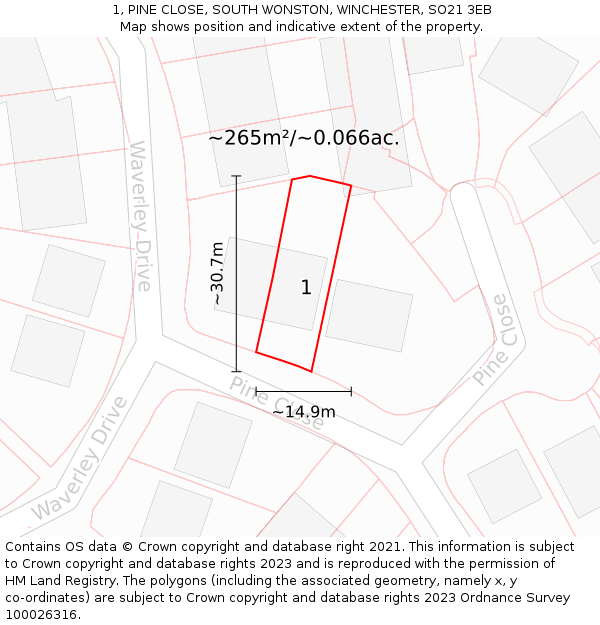 1, PINE CLOSE, SOUTH WONSTON, WINCHESTER, SO21 3EB: Plot and title map