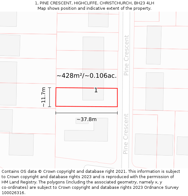 1, PINE CRESCENT, HIGHCLIFFE, CHRISTCHURCH, BH23 4LH: Plot and title map