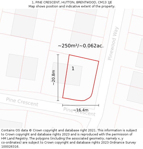 1, PINE CRESCENT, HUTTON, BRENTWOOD, CM13 1JE: Plot and title map