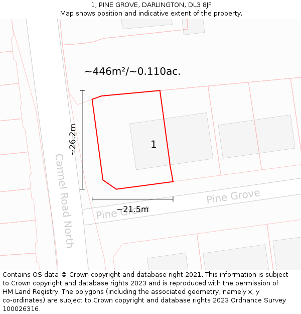 1, PINE GROVE, DARLINGTON, DL3 8JF: Plot and title map