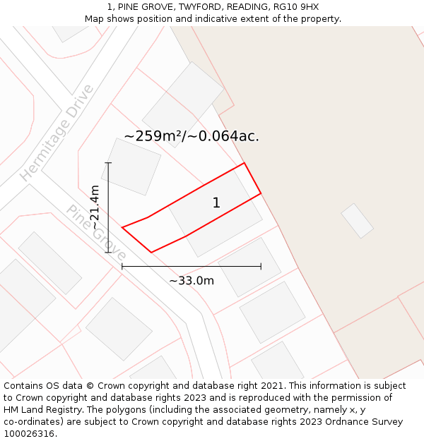 1, PINE GROVE, TWYFORD, READING, RG10 9HX: Plot and title map