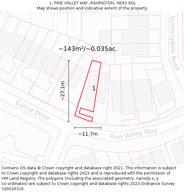 1, PINE VALLEY WAY, ASHINGTON, NE63 9GL: Plot and title map