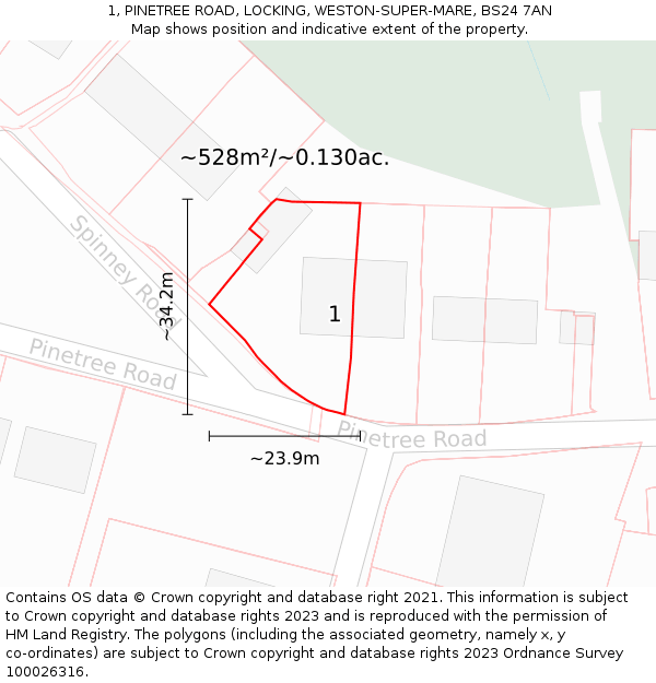 1, PINETREE ROAD, LOCKING, WESTON-SUPER-MARE, BS24 7AN: Plot and title map