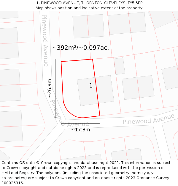 1, PINEWOOD AVENUE, THORNTON-CLEVELEYS, FY5 5EP: Plot and title map