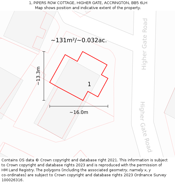 1, PIPERS ROW COTTAGE, HIGHER GATE, ACCRINGTON, BB5 6LH: Plot and title map