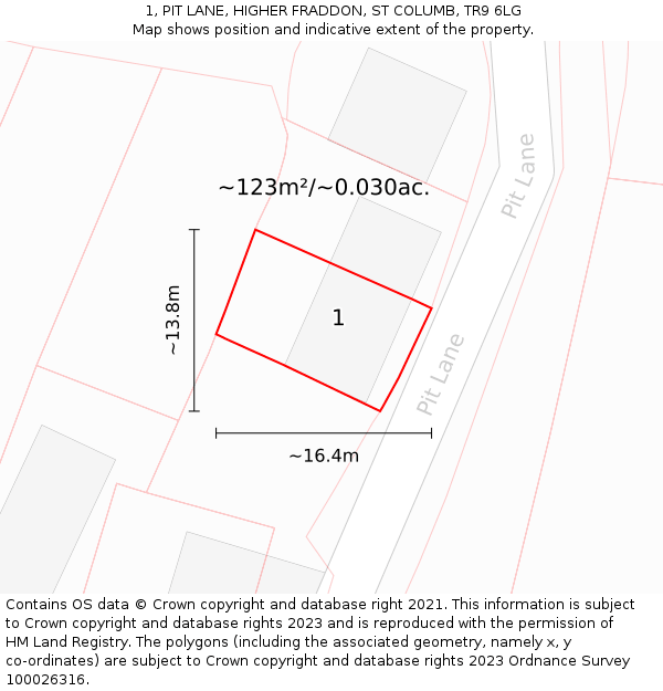 1, PIT LANE, HIGHER FRADDON, ST COLUMB, TR9 6LG: Plot and title map