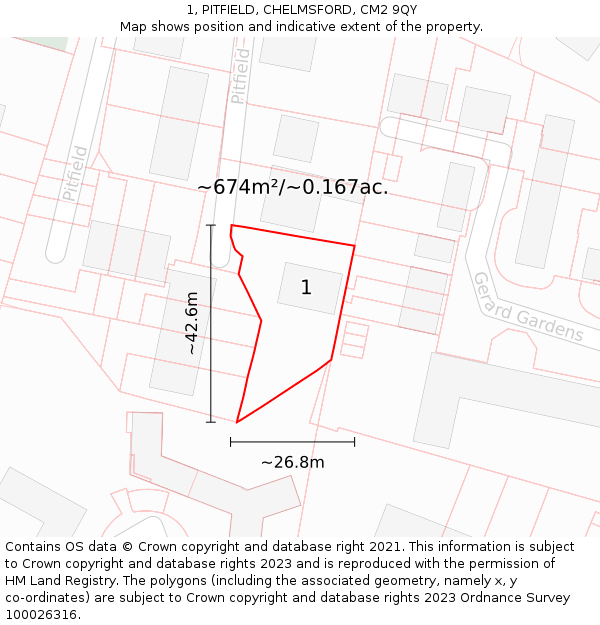 1, PITFIELD, CHELMSFORD, CM2 9QY: Plot and title map