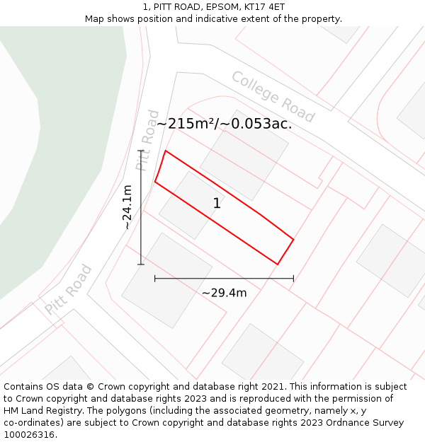 1, PITT ROAD, EPSOM, KT17 4ET: Plot and title map