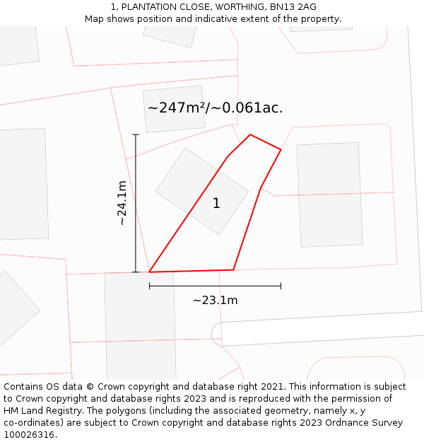 1, PLANTATION CLOSE, WORTHING, BN13 2AG: Plot and title map
