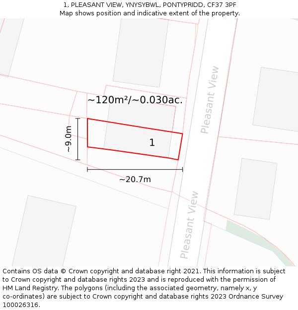 1, PLEASANT VIEW, YNYSYBWL, PONTYPRIDD, CF37 3PF: Plot and title map