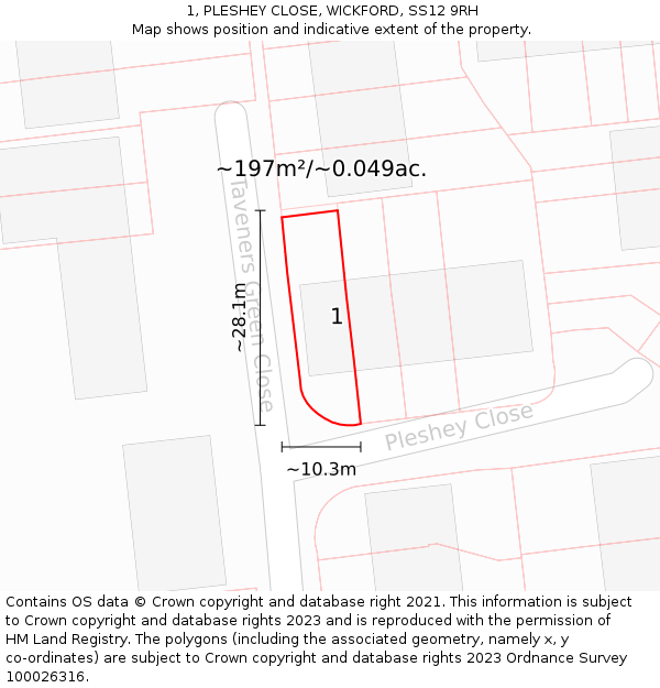 1, PLESHEY CLOSE, WICKFORD, SS12 9RH: Plot and title map