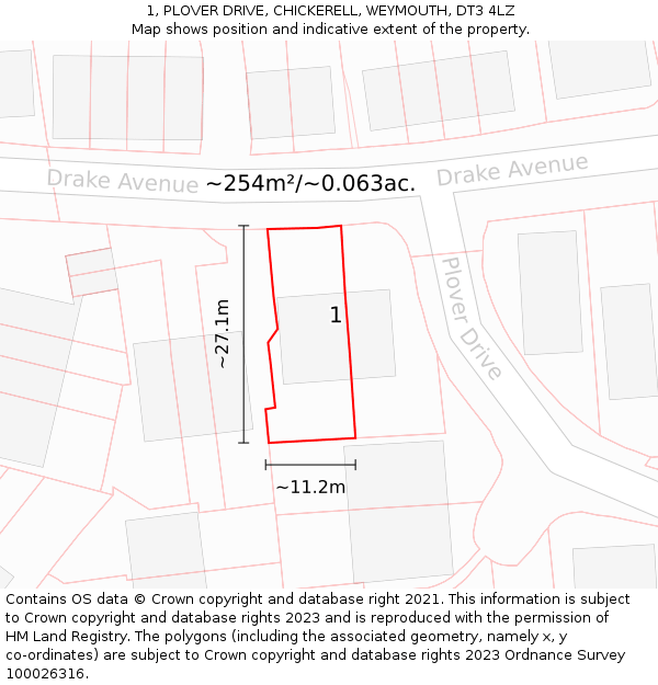 1, PLOVER DRIVE, CHICKERELL, WEYMOUTH, DT3 4LZ: Plot and title map