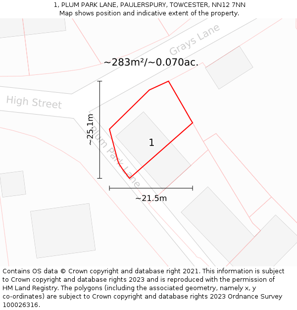 1, PLUM PARK LANE, PAULERSPURY, TOWCESTER, NN12 7NN: Plot and title map