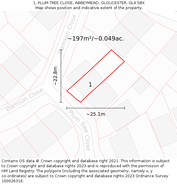 1, PLUM TREE CLOSE, ABBEYMEAD, GLOUCESTER, GL4 5BX: Plot and title map
