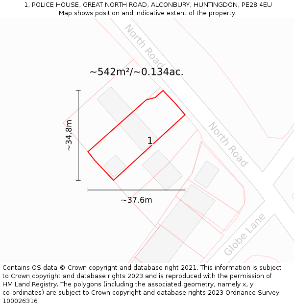 1, POLICE HOUSE, GREAT NORTH ROAD, ALCONBURY, HUNTINGDON, PE28 4EU: Plot and title map