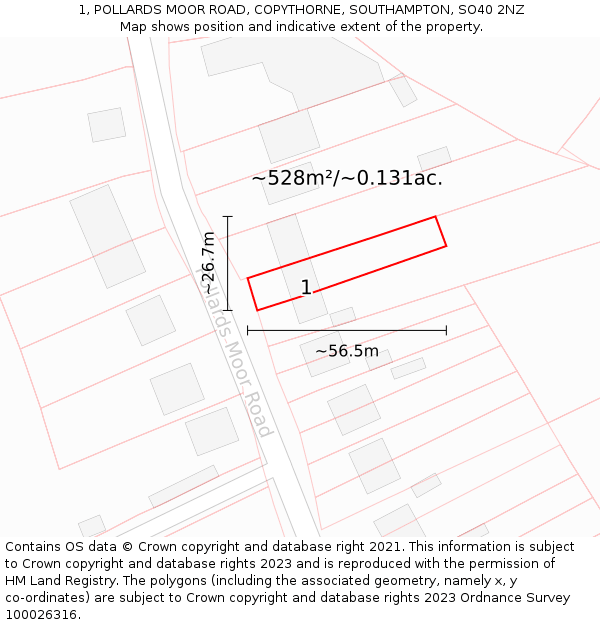 1, POLLARDS MOOR ROAD, COPYTHORNE, SOUTHAMPTON, SO40 2NZ: Plot and title map