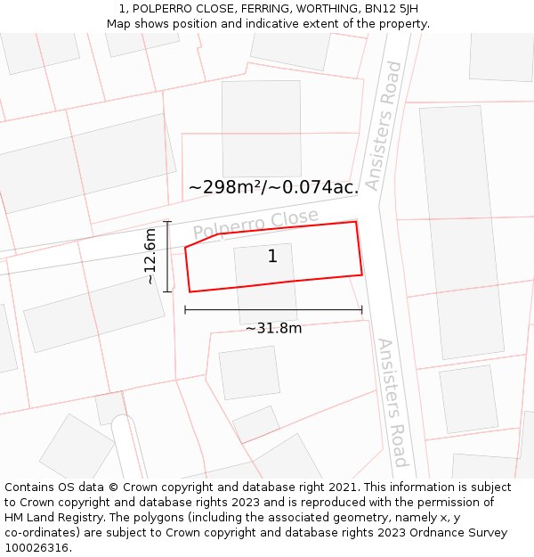 1, POLPERRO CLOSE, FERRING, WORTHING, BN12 5JH: Plot and title map
