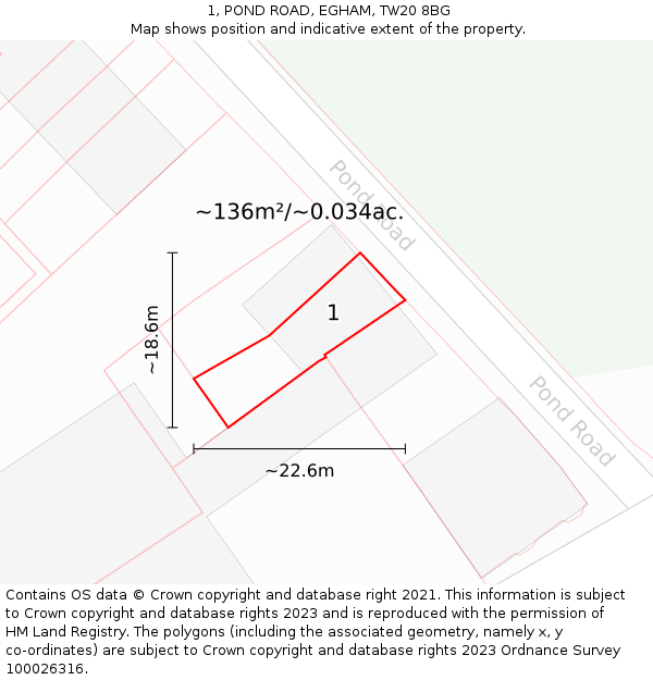 1, POND ROAD, EGHAM, TW20 8BG: Plot and title map