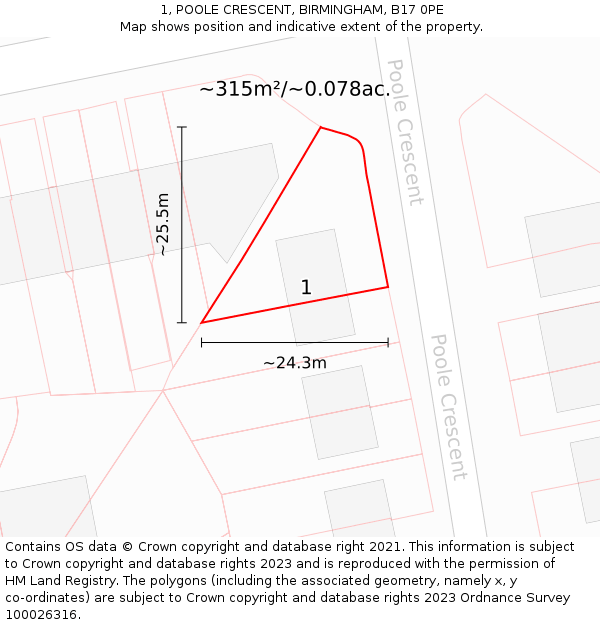 1, POOLE CRESCENT, BIRMINGHAM, B17 0PE: Plot and title map