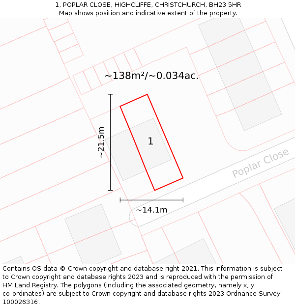 1, POPLAR CLOSE, HIGHCLIFFE, CHRISTCHURCH, BH23 5HR: Plot and title map