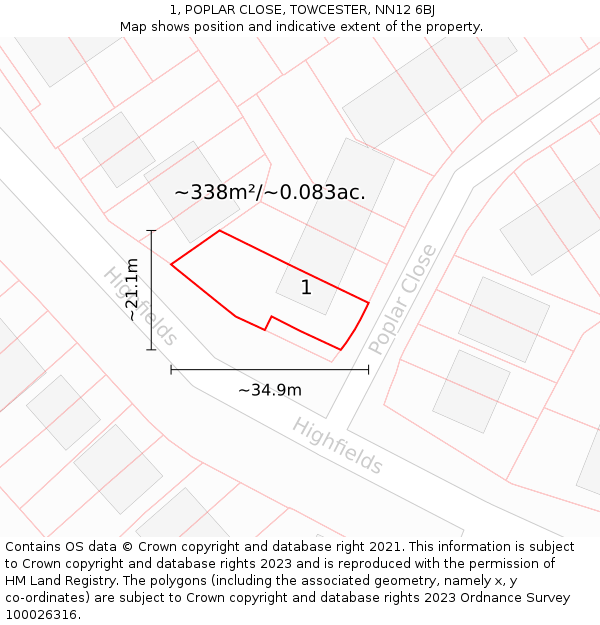 1, POPLAR CLOSE, TOWCESTER, NN12 6BJ: Plot and title map