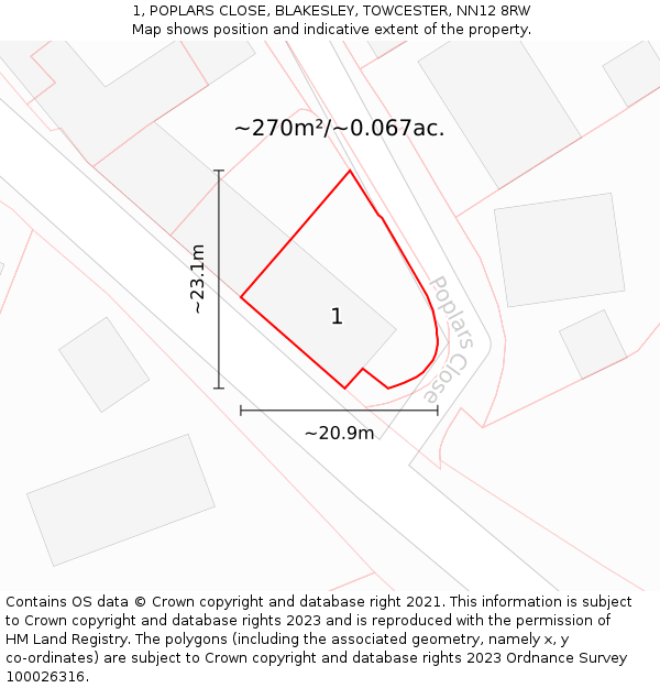 1, POPLARS CLOSE, BLAKESLEY, TOWCESTER, NN12 8RW: Plot and title map