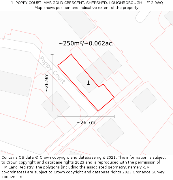 1, POPPY COURT, MARIGOLD CRESCENT, SHEPSHED, LOUGHBOROUGH, LE12 9WQ: Plot and title map