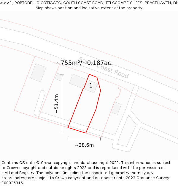 1, PORTOBELLO COTTAGES, SOUTH COAST ROAD, TELSCOMBE CLIFFS, PEACEHAVEN, BN10 7BD: Plot and title map