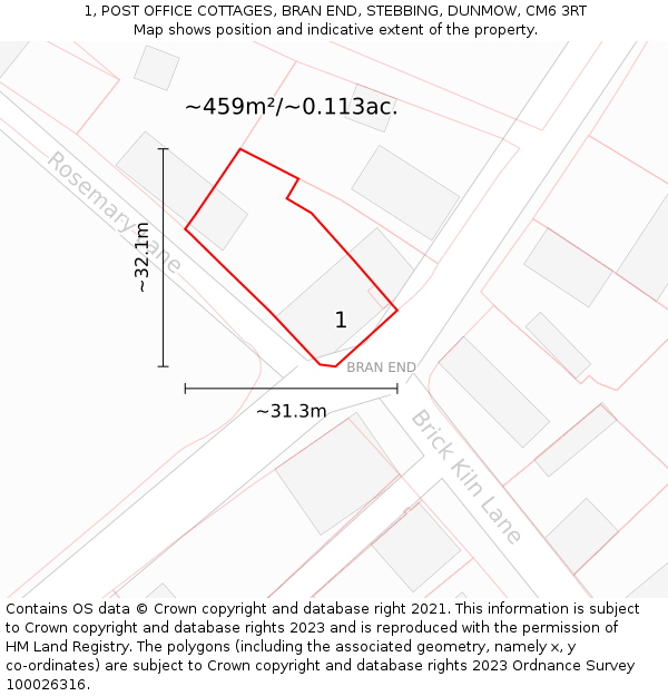 1, POST OFFICE COTTAGES, BRAN END, STEBBING, DUNMOW, CM6 3RT: Plot and title map