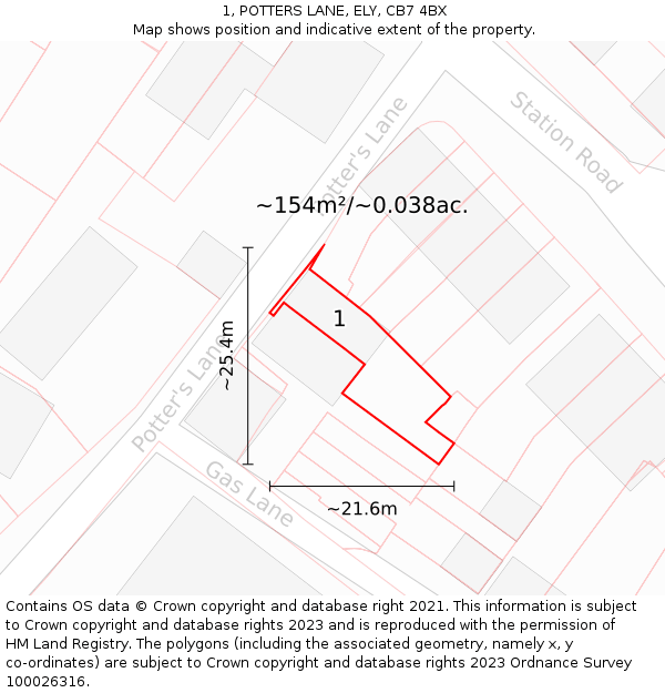 1, POTTERS LANE, ELY, CB7 4BX: Plot and title map