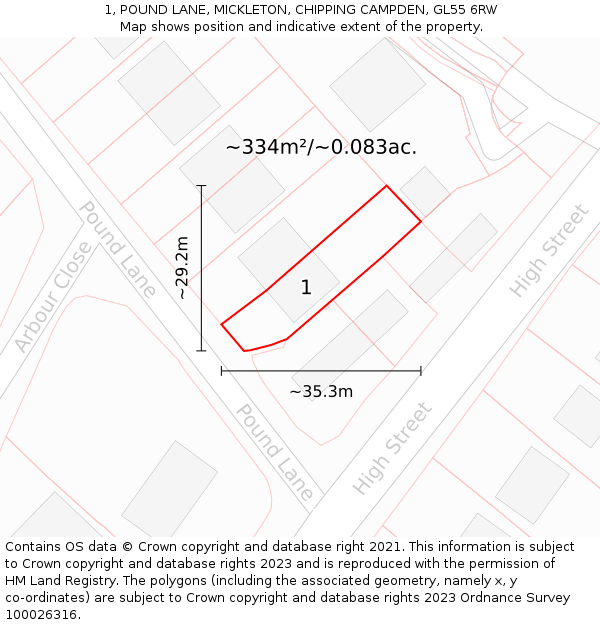 1, POUND LANE, MICKLETON, CHIPPING CAMPDEN, GL55 6RW: Plot and title map