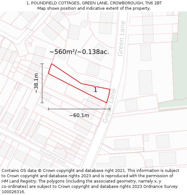 1, POUNDFIELD COTTAGES, GREEN LANE, CROWBOROUGH, TN6 2BT: Plot and title map